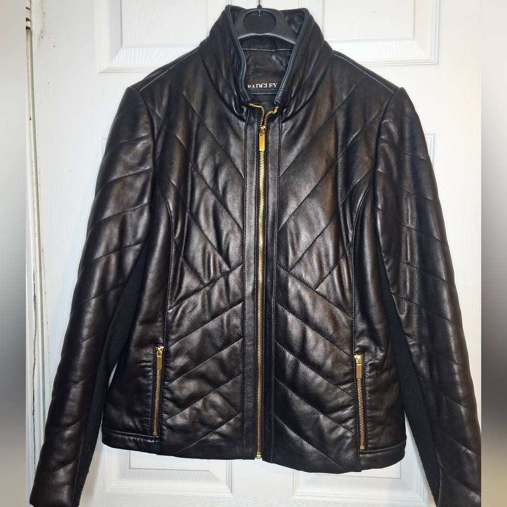 Badgley Mischka Black Leather Jacket with Gold Accents